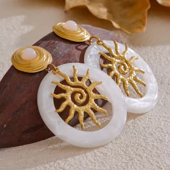 Sunburst Drop Earrings PVD Gold PlatedStainless Steel with Natural Stone… - Picture 5 of 15